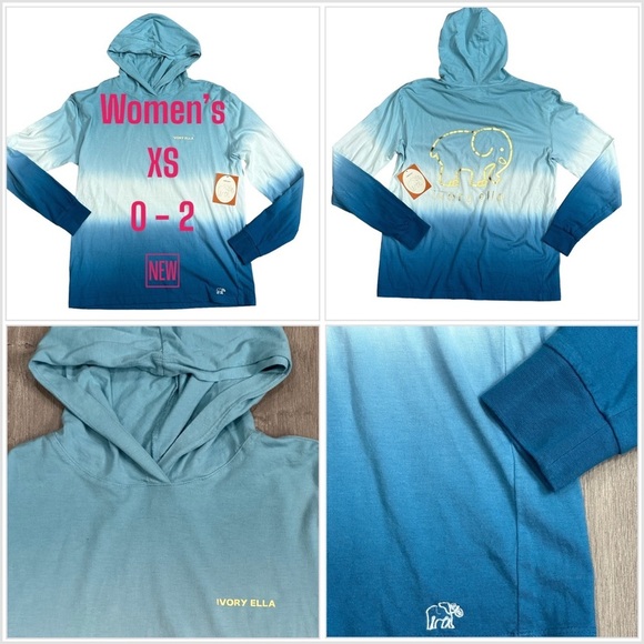 Women’s Ivory Ella XS 0 - 2 Hoodie Sweatshirt T-Shirt Hooded Ombre Blue NWT - Picture 1 of 10